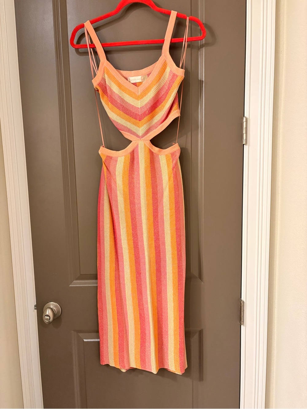 Altar'd State Striped Cutout Midi Dress in Pink, Orange & Yellow